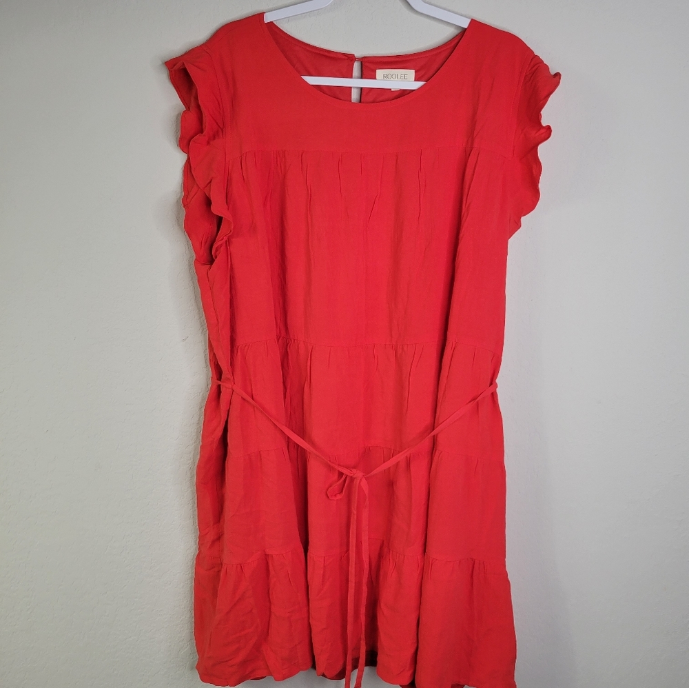 Roller tiered linen blend dress with waist tie